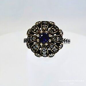 Handmade Jewelry Blue Sapphire Halo Ring 925 Silver Size 8.5 Resizable Floral